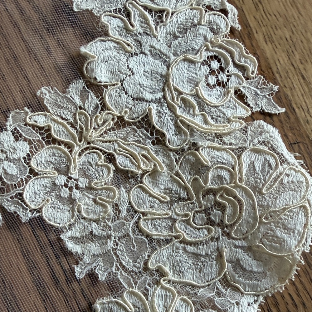 Vintage Ivory Lace-Trim Bridal Veil with Floral Appliqués, Fingertip Length - Picture 8 of 9